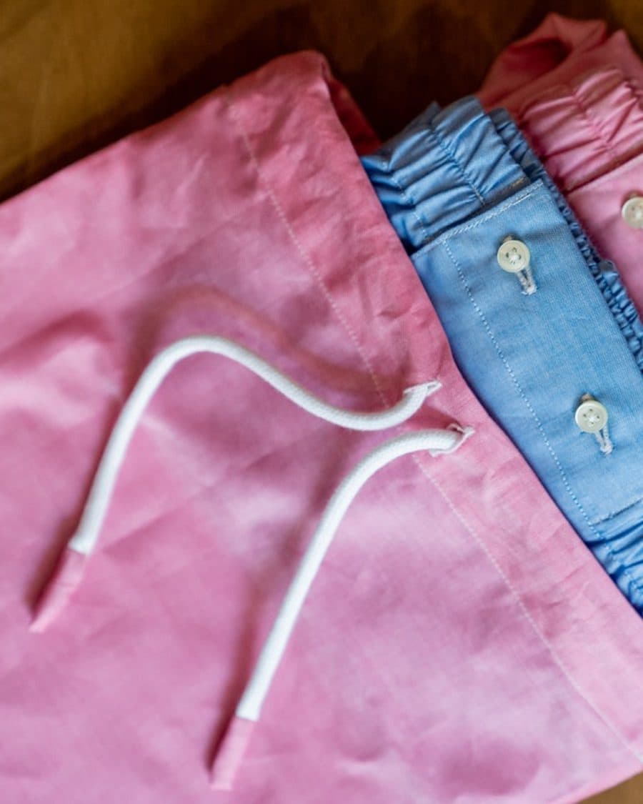 Pink and blue cotton drawstring shorts produced to a brand specification